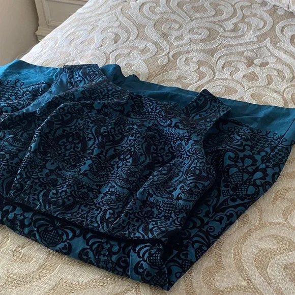 Beige by ECI Teal Black Velvet Scroll A-Line Fit & Flare  Dress Size 6 - Picture 11 of 11